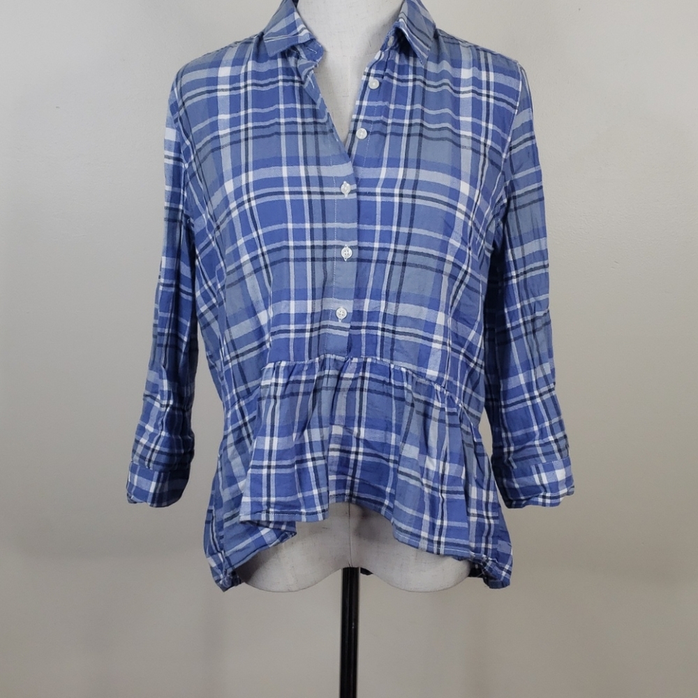 Birds of Paradise Peplum Blue Plaid Shirt